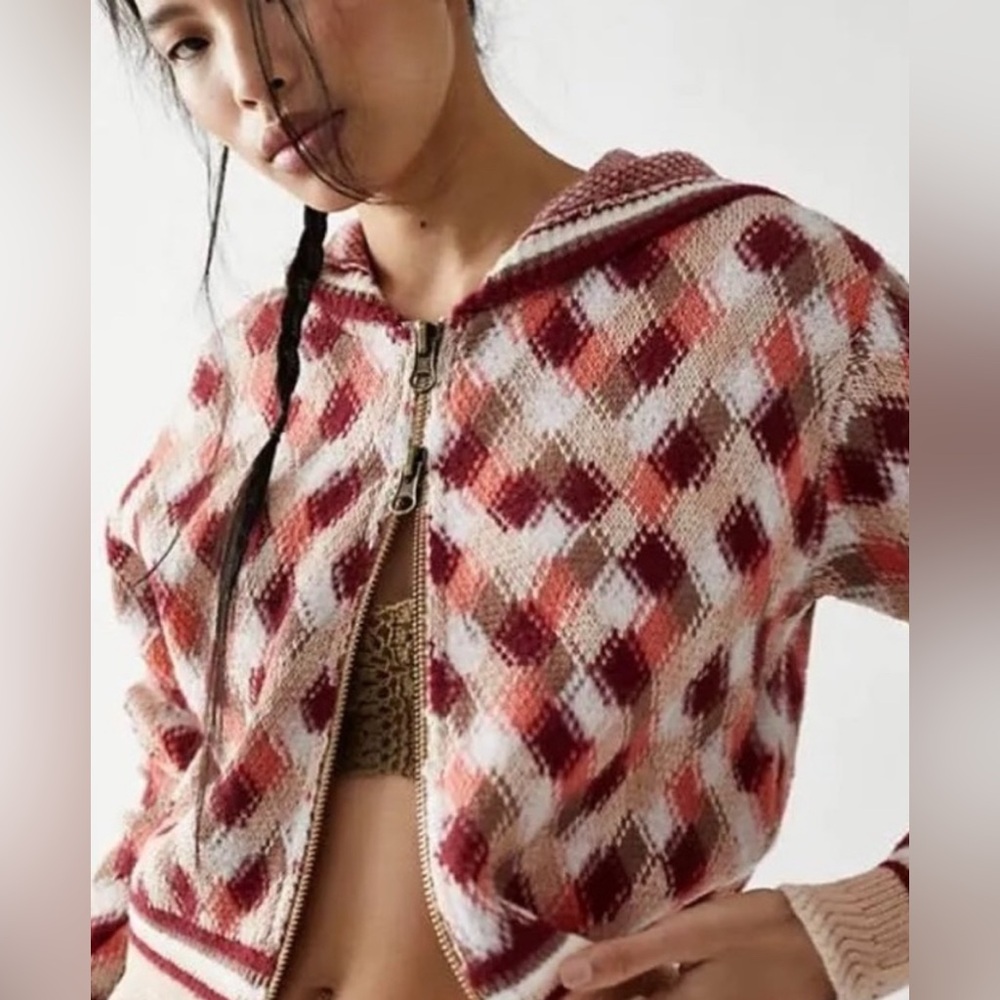 Free People Field of Flowers-Argyle Diamond Sweater Hoodie